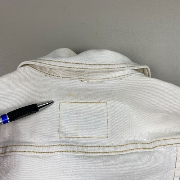 Vtg Levi’s Cropped Jean Jacket Womens Medium Beige Stretch Denim Trucker Y2K - Picture 11 of 16